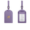 A purple PU leather luggage tag with a gold airplane design and a clear section for name, address, and city.