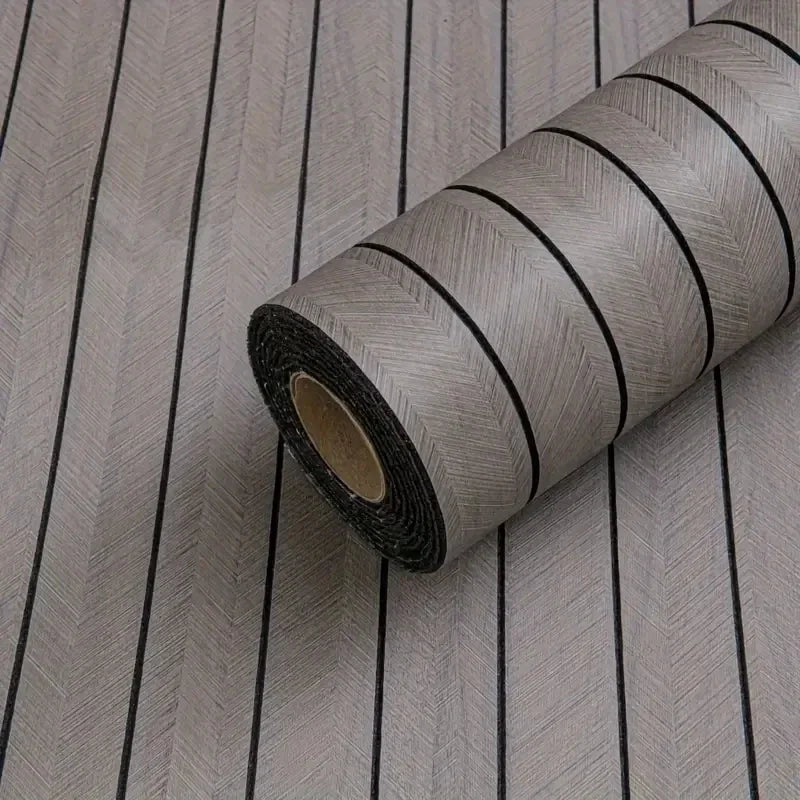 Roll of self-adhesive 3D wood grain wallpaper panel in gray and black stripes