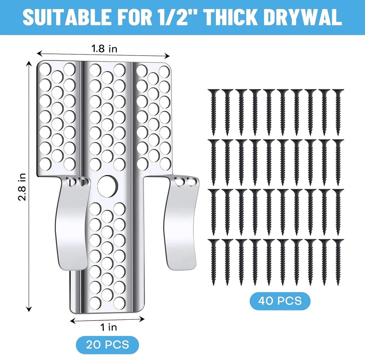 A kit of drywall repair clips and screws suitable for 1/2 inch thick drywall, showing individual components.