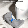 A toilet stool with a C-shaped groove design is shown next to a toilet bowl on a tiled floor.