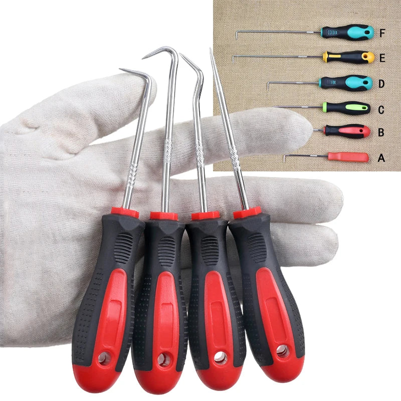 A hand holds a 4-piece automotive pick and hook set with various sizes of metal tools labeled A through F.