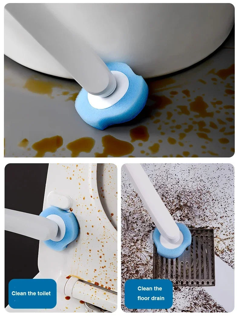 Disposable toilet brush and holder set with a blue replaceable head used for cleaning toilets and floor drains.