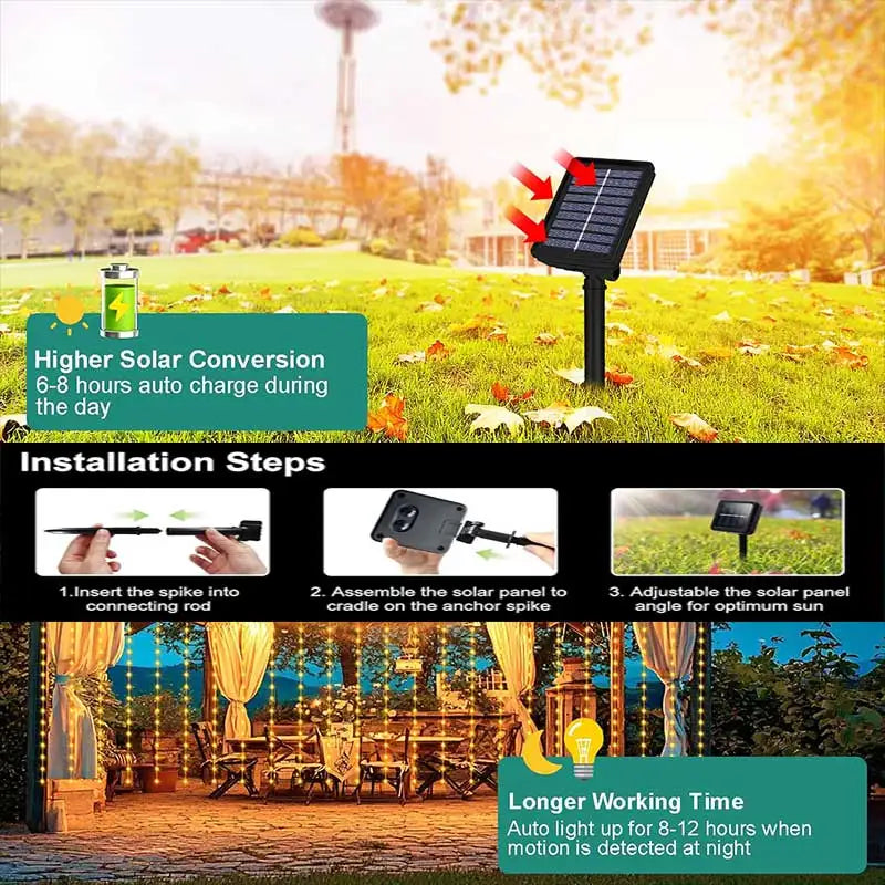 Installation steps and usage of solar-powered outdoor curtain lights for nighttime decoration.
