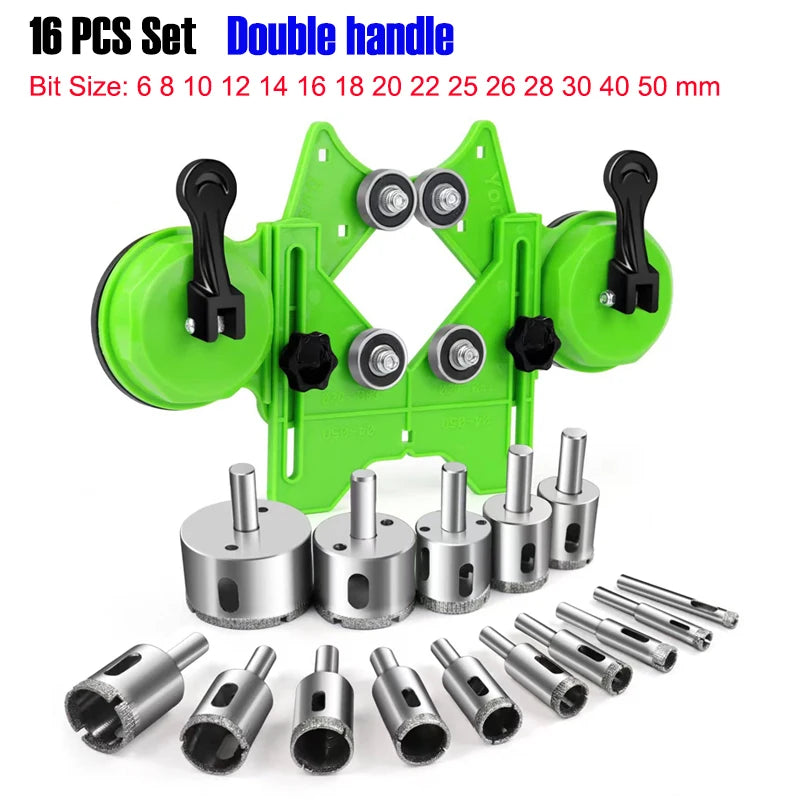 A set of 16 precision diamond hole saws with double handles and various bit sizes, including a suction cup guide.