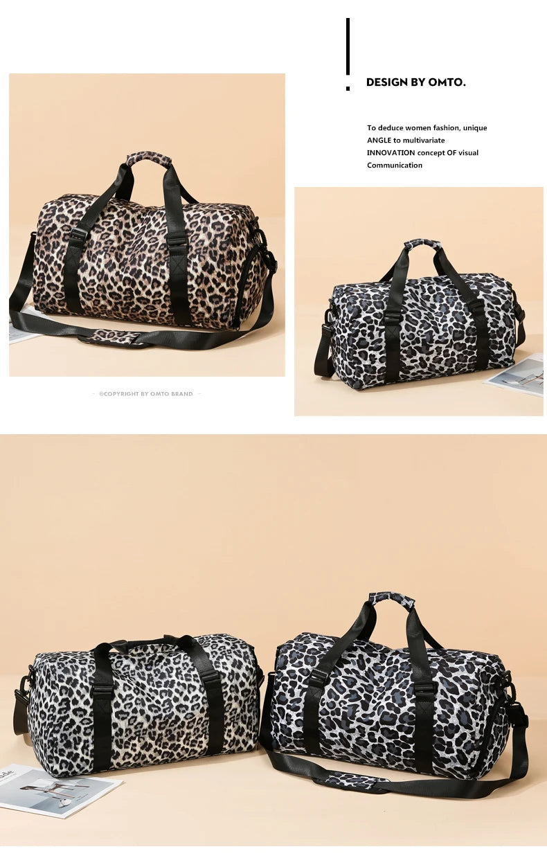 A black and white leopard print travel tote bag with handles and a shoe compartment.