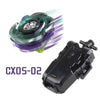 A black Beyblade Burst CX05-02 metal fighting top with launcher is shown next to its green and purple plastic components.