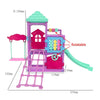 A pink fashion doll accessory set featuring a castle-like structure with a rotating feature and a pink and blue frame.