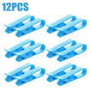 Twelve blue plastic clips designed to hold garbage bags or snack bags on trash cans.