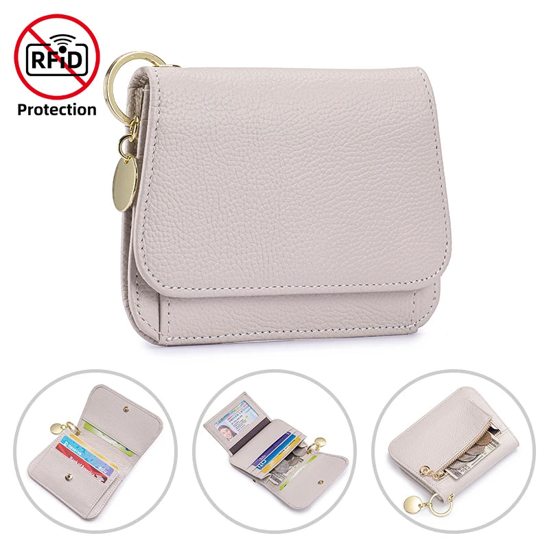 Genuine Leather Tri-Fold Wallet with Coin Pocket & Keychain