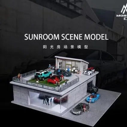 A detailed 1:64 scale model of a sunroom scene featuring cars and landscaping.