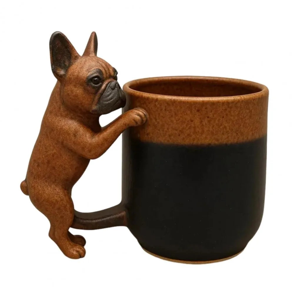 A terracotta-colored coffee mug with a dachshund puppy head handle.