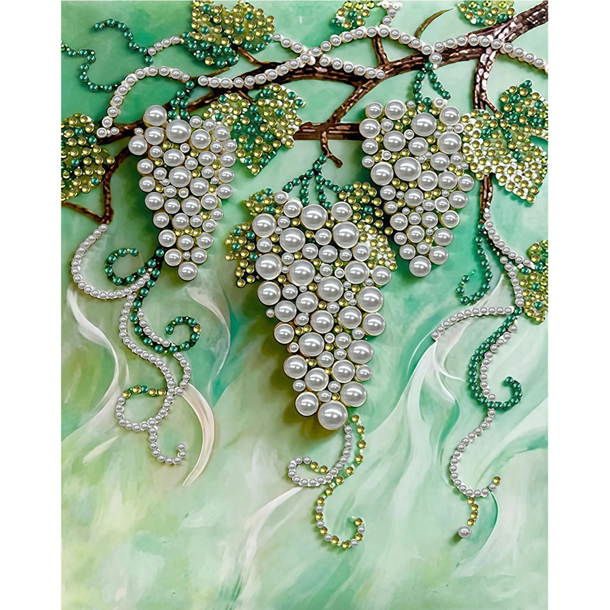 A textured wall decor piece featuring pearl painting art with green foliage and white floral elements on a light green backgr