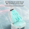 A white car seat features a cooling fan directing air flow to provide relief from summer heat.