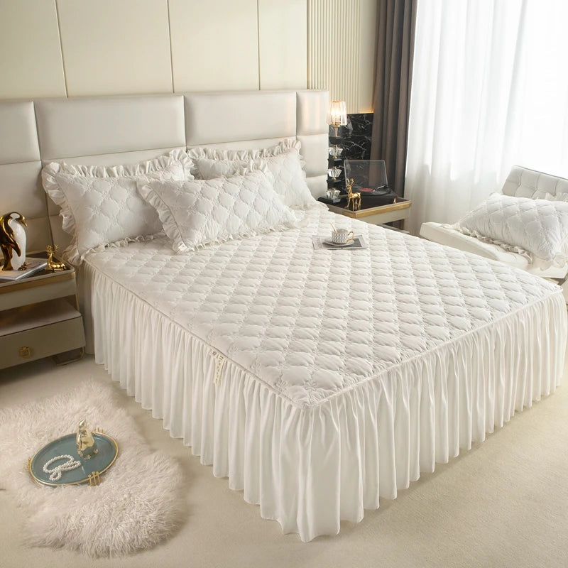 Quilted Solid Color Bed Skirt with Pleated Ruffle