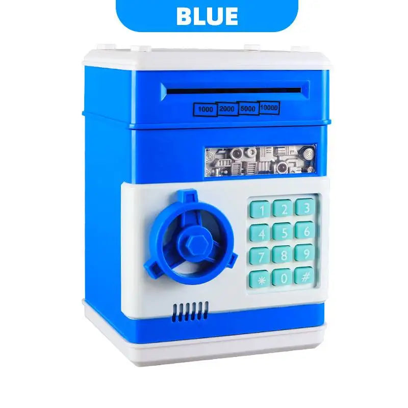 A blue electronic password piggy bank with an automatic bill feeder and a numeric keypad.