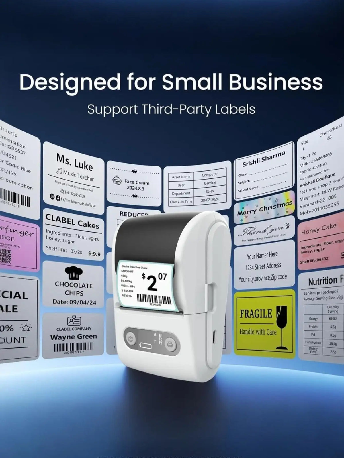 A white portable mini Bluetooth thermal printer is displayed on a dark blue surface with various labels and business document
