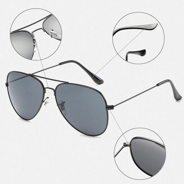 A pair of classic retro aviator sunglasses shown with detailed close-ups of the frame and lens.