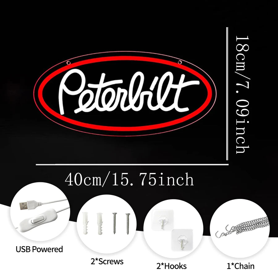 Peterbilt truck neon sign featuring a red oval design with various mounting options like screws hooks and chain