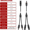 A set of Y-branch parallel solar panel connectors featuring insulation, current, voltage, and safety specifications.