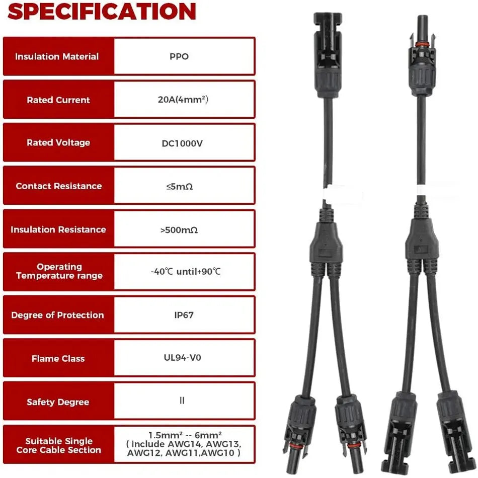 A set of Y-branch parallel solar panel connectors featuring insulation, current, voltage, and safety specifications.