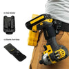 A yellow and black tool holster is shown attached to a belt, with an elastic grip and a tool holster component displayed sepa