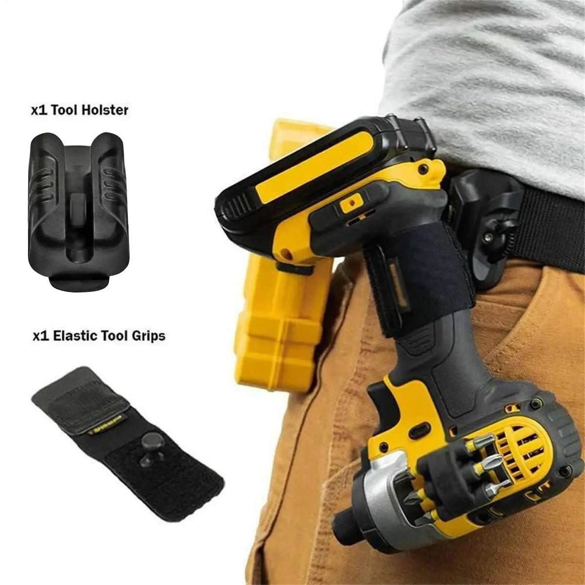 A yellow and black tool holster is shown attached to a belt, with an elastic grip and a tool holster component displayed sepa