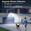 A security wall light is shown illuminating a person and a dog in front of a house during the night.