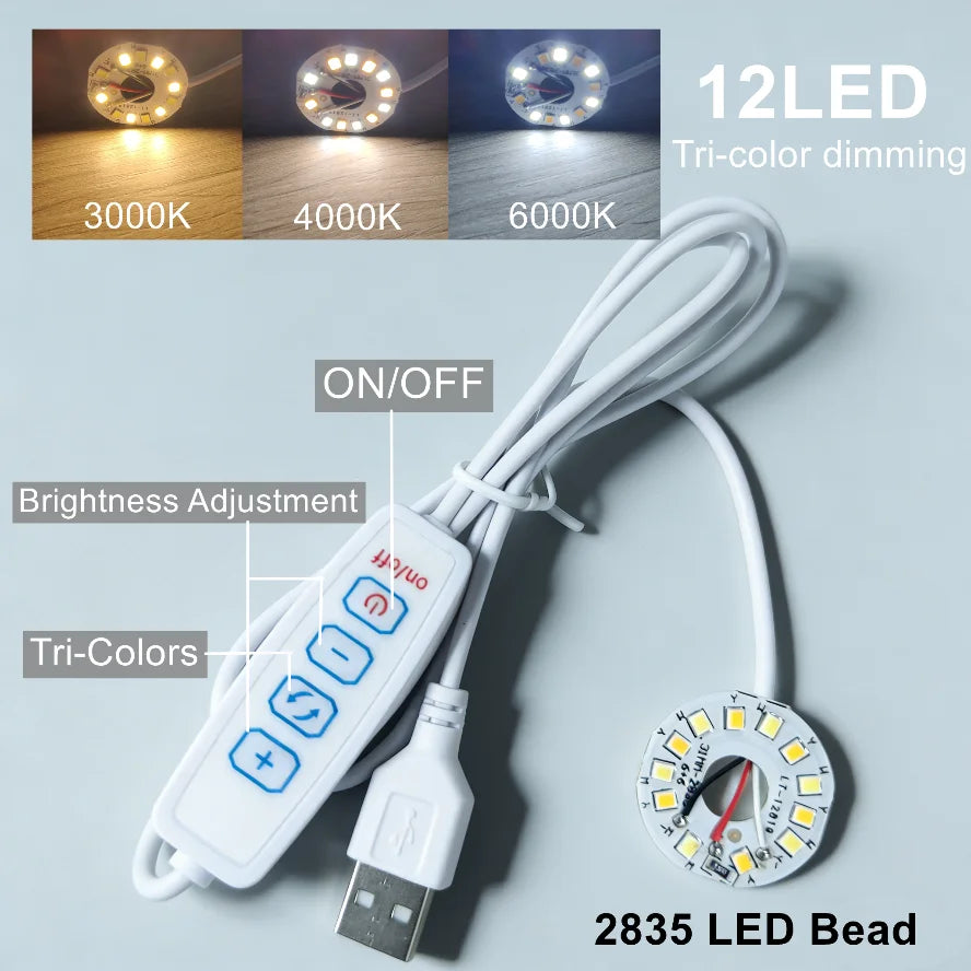 A white USB LED light board with a remote control and tri-color dimming features is shown alongside various color temperature