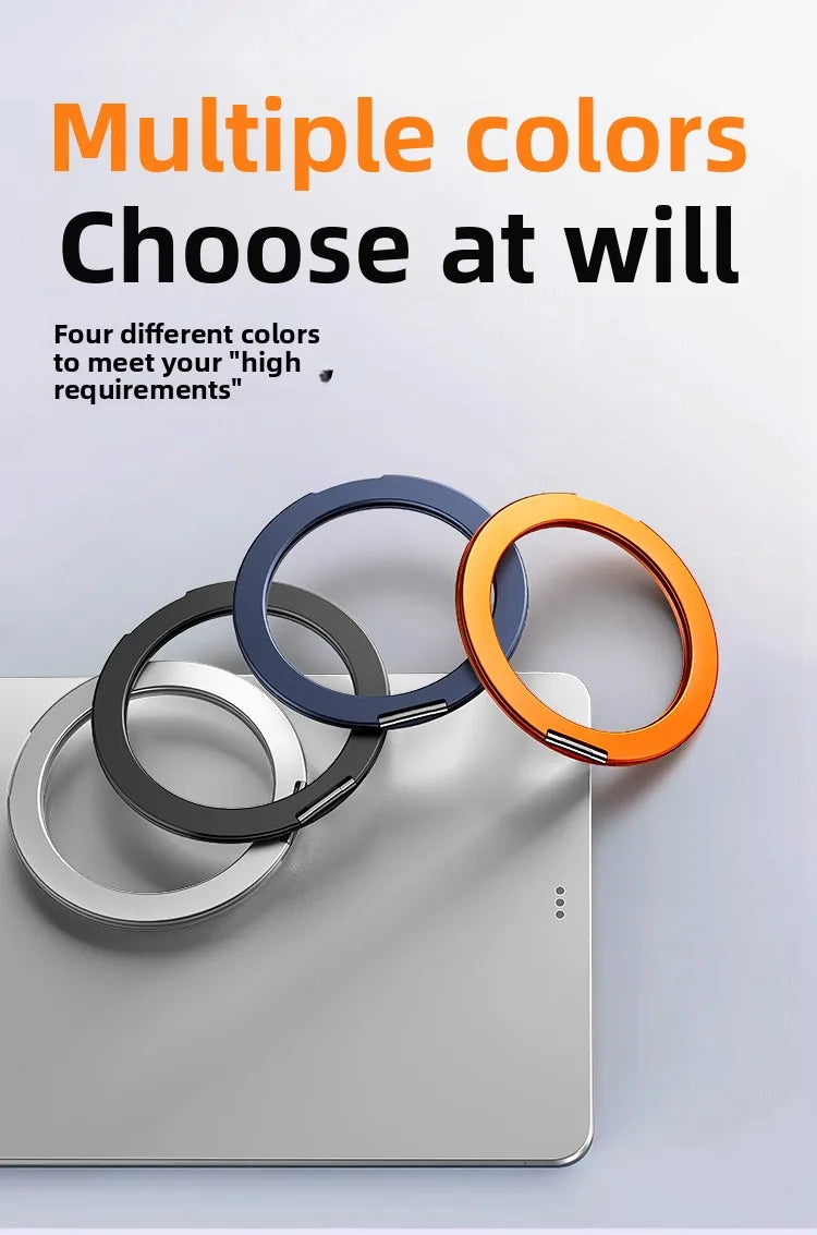 Four colored magnetic aluminum tablet holders displayed on a silver surface.