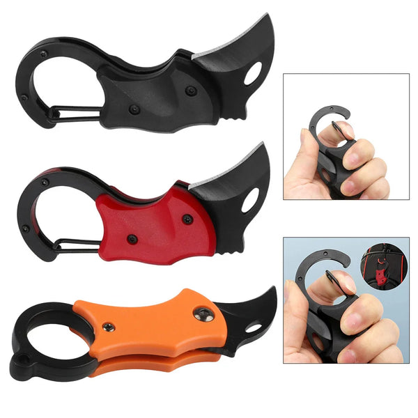 A compact folding utility knife in black, red, and orange colors shown in various angles.