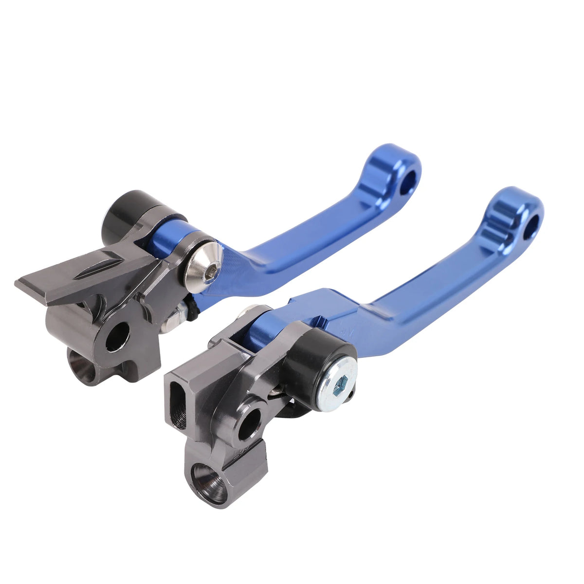 CNC aluminum clutch and brake lever set for motorcycles in blue and gray.