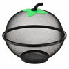 Black metal fruit basket with a mesh cover and a green leaf decoration