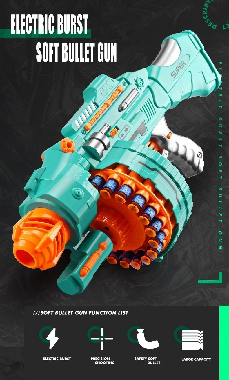 A teal electric burst soft bullet gun toy with an orange firing mechanism and a circular barrel is shown against a dark backg