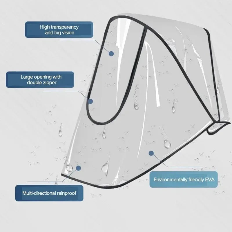 A transparent waterproof shield for a stroller, featuring a large opening with a double zipper and multi-directional rainproo