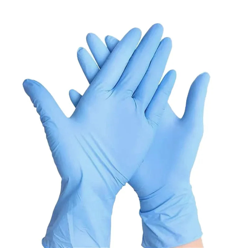 A pair of light blue nitrile disposable gloves shown in a close-up view.