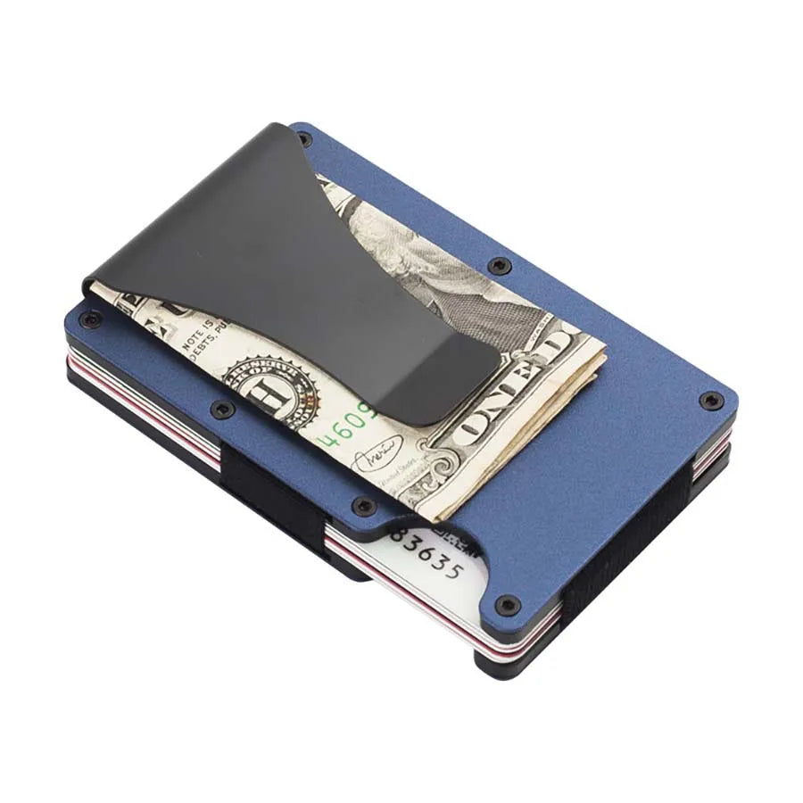A slim blue aluminum wallet with a money clip and a section for RFID blocking.