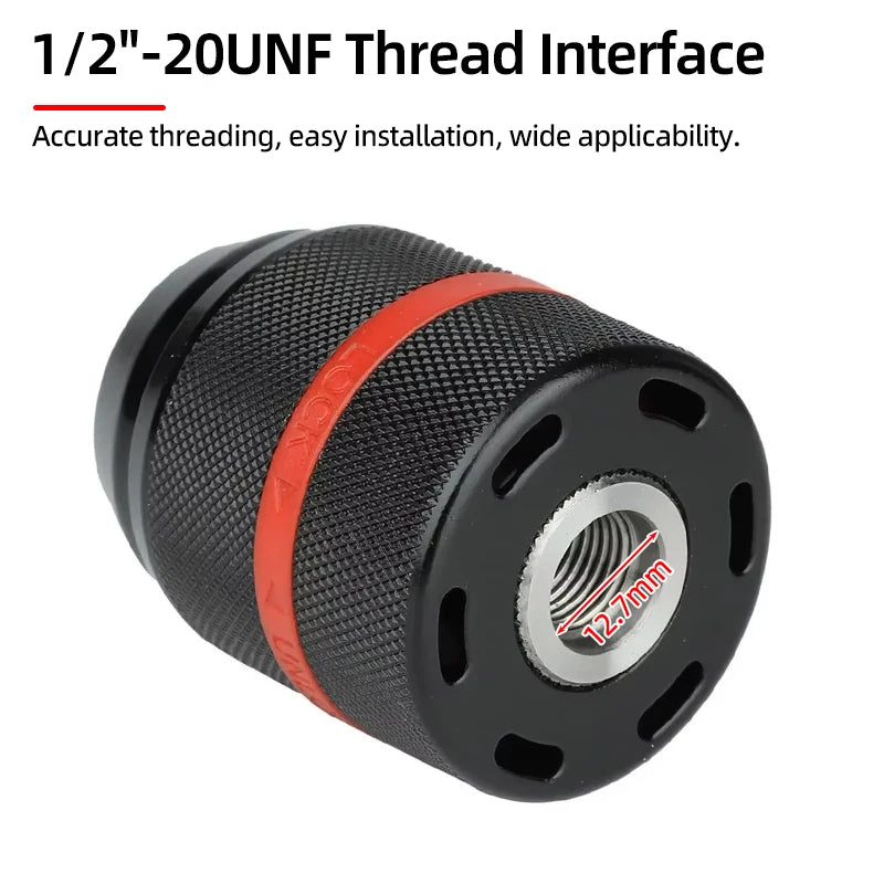 A close-up view of a black 1/2-20 UNF thread interface adapter for drilling tools.