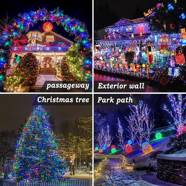 Varias decoraciones navideñas exteriores: un pasaje, pared, árbol de Navidad y sendero del parque.