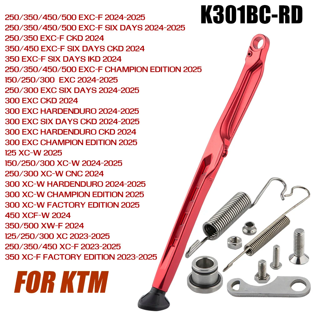 Red KTM side stand kit with ABS foot and various motorcycle parts
