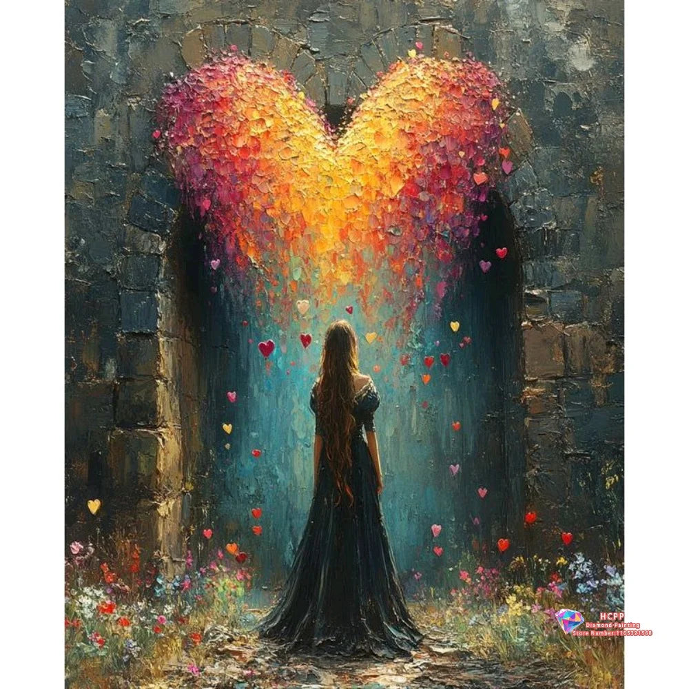 A painting of a heart shape glowing with vibrant colors against a dark stone background, with a person standing in the center