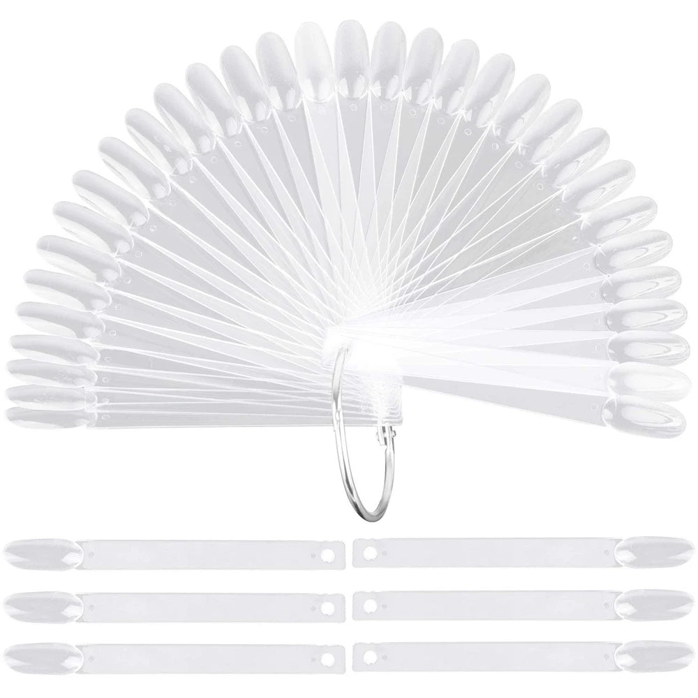 A clear acrylic false nail tips kit with numerous individual tips arranged in a fan shape and a hanging loop.