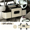 Off white backseat car organizer with cup holders and hooks shown in a vehicle interior.