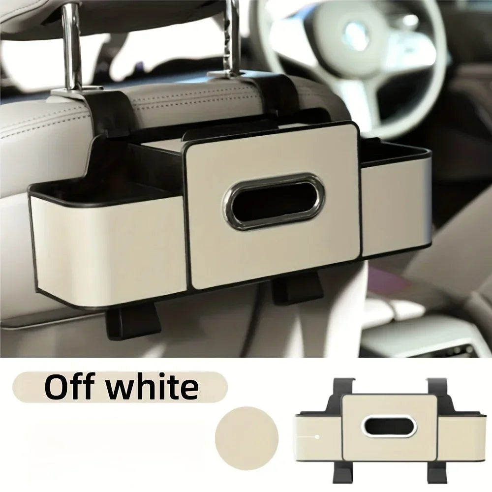Off white backseat car organizer with cup holders and hooks shown in a vehicle interior.