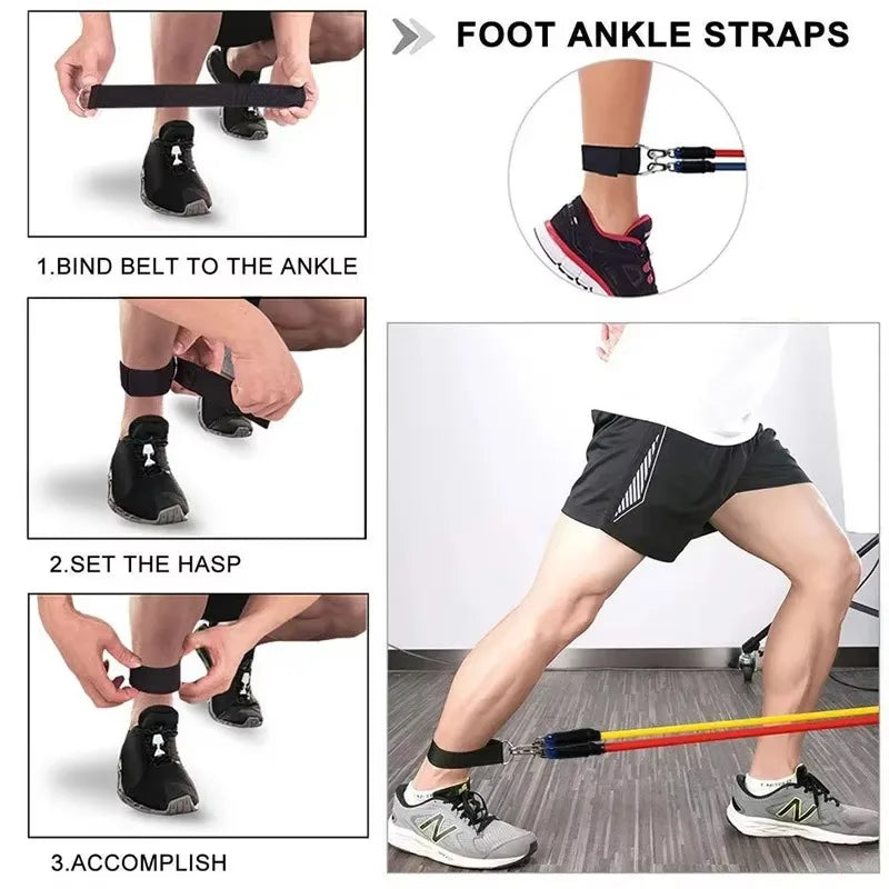 Instrucciones que muestran cómo usar las correas para el tobillo y el pie para hacer ejercicio.