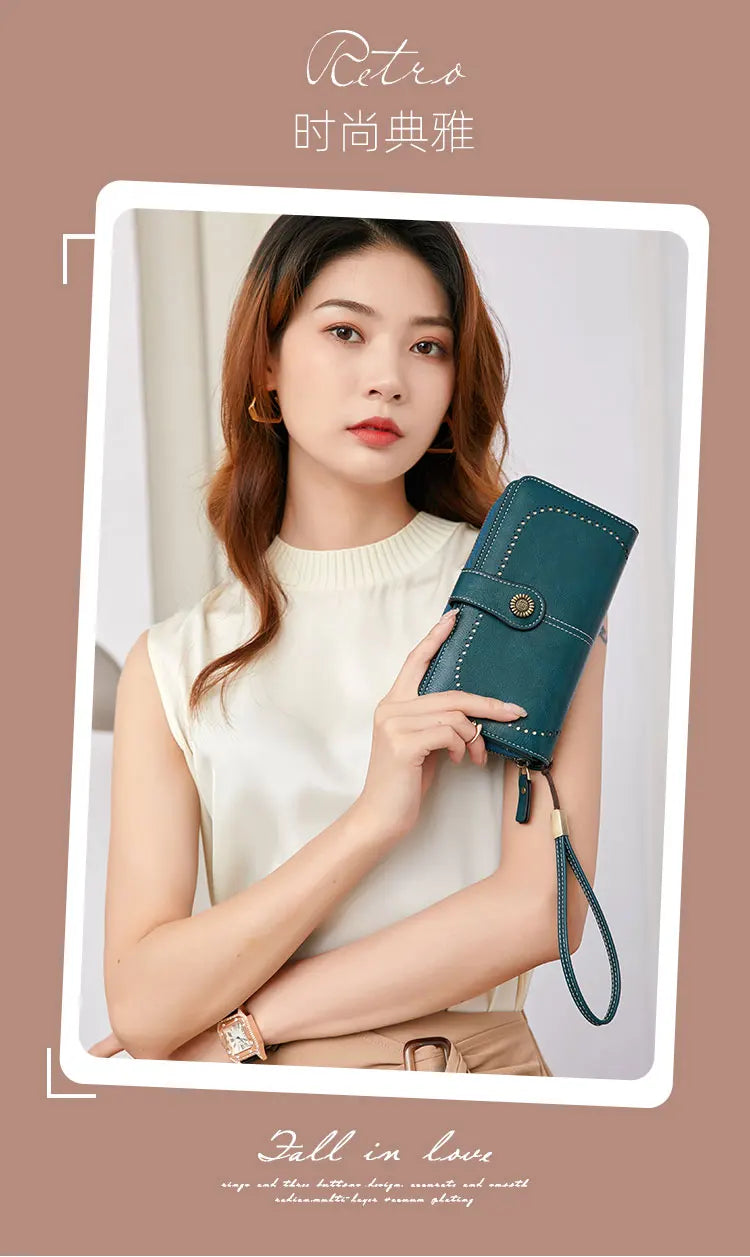 Vintage RFID-Blocking Large Capacity Wallet with Wrist Strap