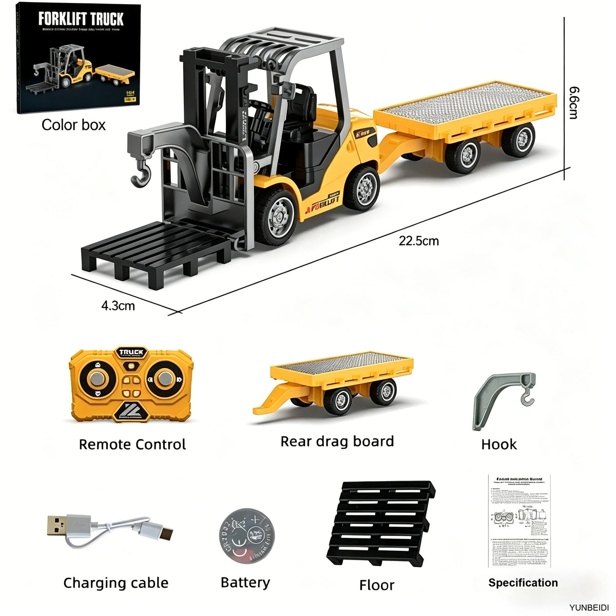 A yellow 1:64 scale forklift truck model with a black cargo platform and accessories like a remote control, battery, and char