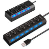A black USB 2.0 multi-port hub with LED switches and a cable connector is shown from above.