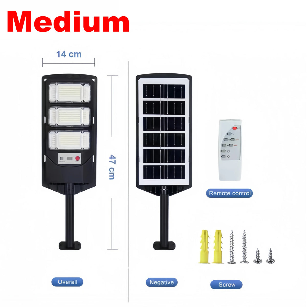 Medium solar street light with a motion sensor and remote control, shown in various configurations.