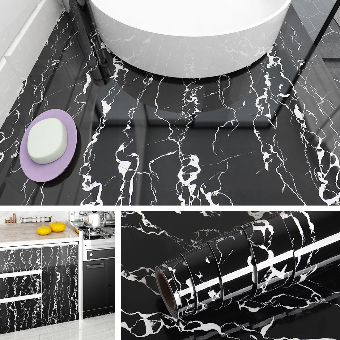 A close-up view of black marble contact paper rolled out on a dark surface, showcasing its marbled pattern.