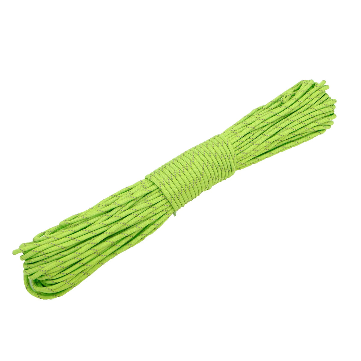 A length of bright lime green reflective paracord rope coiled and laid out.